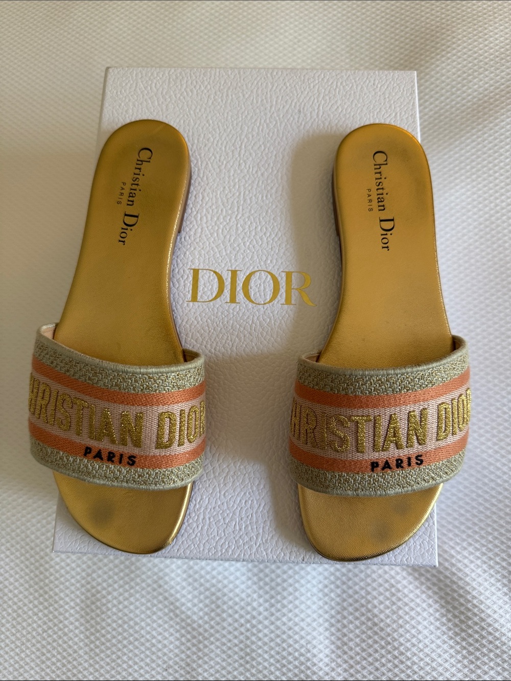 Dior Embroidered Logo Slide Sandals in Gold and Peach/ pink